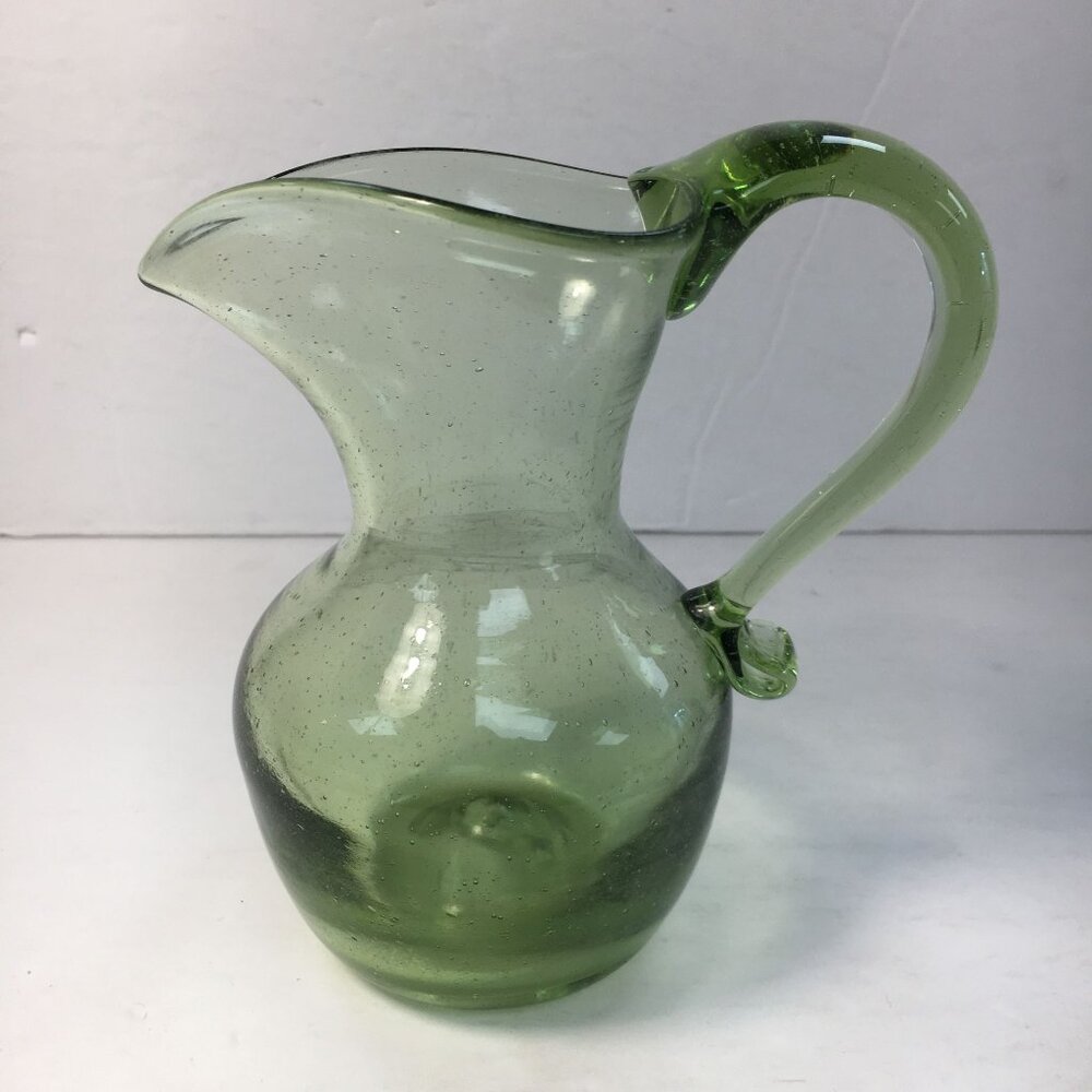 Vintage Green Glass Pitcher With Heart-Shaped Top 5" High